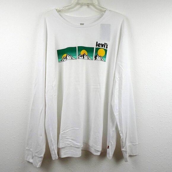 Levi's Logo T-Shirt Men's Size 2XL White Long Sleeve Cotton Mountain Theme - Picture 1 of 7